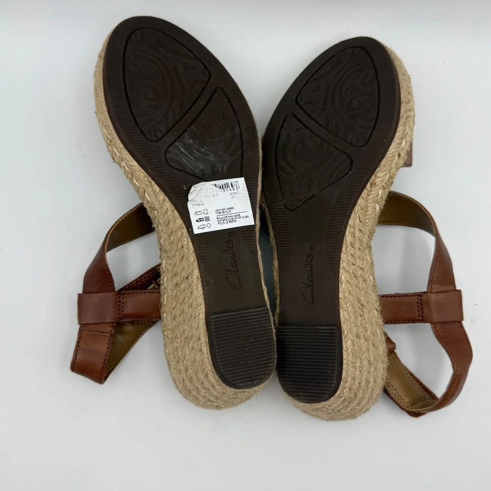 Clarks Unstructured Wedge Sandals Womens 6 Brown Leather Espadrille‎ Whipstitch